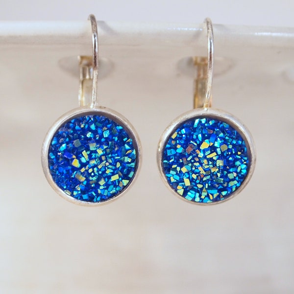 Glistening Druzy Lever Back Earrings Blue Druzy Lever Back Earrings 14mm Cabochons Lever Back Earrings Faux Druzy Lever Back