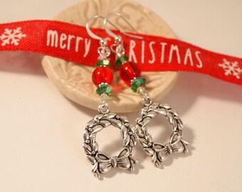 SALE Christmas Wreath Earrings Dangle Pierced or Clip-on Earrings Silver Earrings Holiday Party Festive Earrings