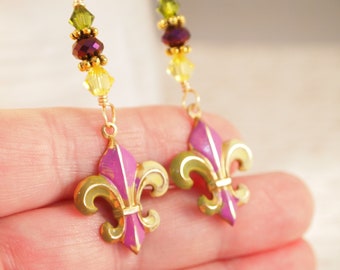 Hand Patina Mardi Gras Earrings Fat Tuesday Earrings Fleur De Lis Earrings Dangle Pierced or Clip on Earrings Gift for Her Party Earrings