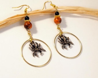 Halloween Spider Dangle Earrings: Glass Beads, Silver Tone Charms (Pierce or Clip-On)