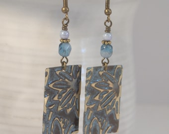 Brass Hand Embossed Earrings Blue Czech Glass Earrings Hand Patina Brass Earrings Long Dangle Pierced or Clip-on Earrings Brass Earrings