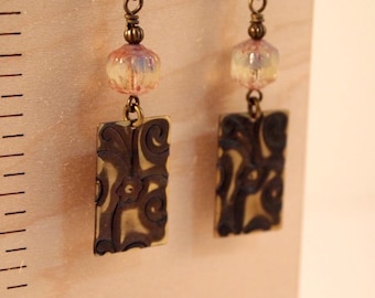 Hand Embossed Brass Dangle Earrings, Czech Glass Accent