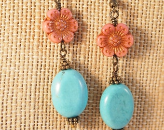 Boho Chic Czech Glass Earrings Southwestern Style Dangle Pierced or Clip-on Earrings Turquoise Earrings Czech Glass Jewelry