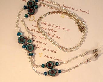 Blue Flower Czech Glass Eyeglass Lanyard Chain, Face Mask Necklace Holder