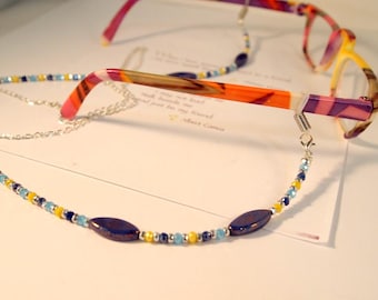 Blue Yellow Czech Glass Beaded Eyeglass Lanyard Chain (35" Long)
