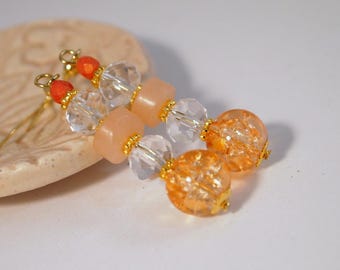 Peach Crystal Glass Bead Dangle Earrings: Pierced or Clip-on, Gold Tone Drop