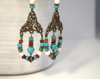 Southwestern Style Chandelier Earrings Dangle Pierced or Clip-on Earrings Brass Hippy Jewelry Boho Chic Earrings Gypsy Earrings for Women