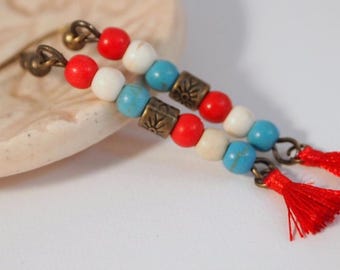 Southwestern Turquoise Tassel Earrings, Boho Chic Brass Beaded Jewelry