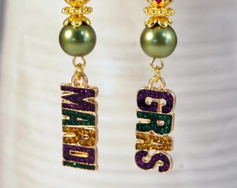 Mardi Gras Earrings Fat Tuesday Boho Chic Earrings Dangle Pierced or Clip-on Earrings Romantic Earrings Gold Green Purple Victoria Earrings