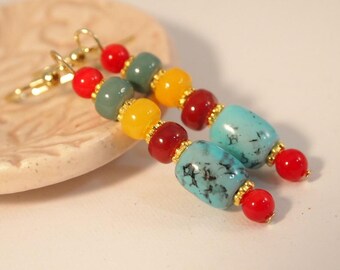 SALE Colorful Glass Bead Earrings Glass and Gold Stick Pierced or Clip-on Earrings Everyday Earrings Gypsy Earrings Hippy Jewelry