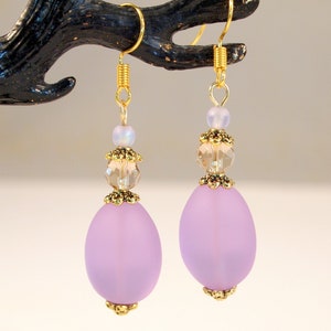 Purple Sea Glass Earrings Sea Glass Beaded Dangle Pierced or Clip-on Earrings Cruise Jewelry Beach Jewelry Cruise Earrings