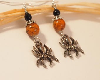 Halloween Spider Dangle Earrings: Glass Beads, Silver Tone Charms (Pierce or Clip-On)