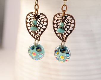 Boho Chic Czech Glass Earrings Victorian Style Dangle Pierced or Clip-on Earrings Blue Earrings Czech Glass Jewelry Long Earrings