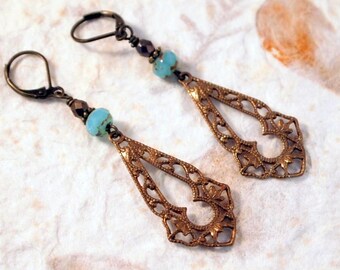Vintaj Natural Brass Filigree Earrings, Czech Glass Beads, Victorian Style Dangle Earrings