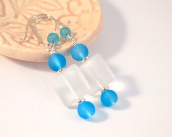 Blue and Clear Sea Glass Beaded Dangle Pierced or Clip-on Earrings Cruise Jewelry Beach Jewelry Cruise Earrings