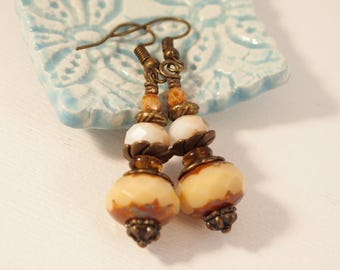 Chunky Czech Glass Drop Earrings, Earthy Boho Jewelry