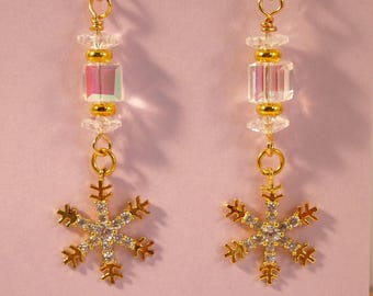 Elegant Snowflake Earrings with Swarovski Crystals, Gold Tone Holiday Dangle