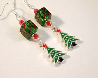 SALE Christmas Earrings Christmas Tree Dangle Pierced or Clip-on  Earrings Christmas Jewelry Drop Earrings Holiday Jewelry Party Earrings