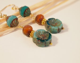 Boho Chic Czech Glass Earrings Victorian Style Dangle Pierced or Clip-on Earrings Orange Earrings Czech Glass Jewelry