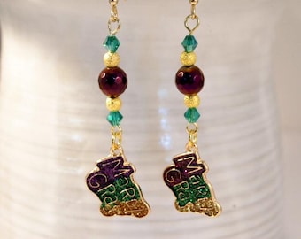 Mardi Gras Earrings Fat Tuesday Boho Chic Earrings Dangle Pierced or Clip-on Earrings Romantic Earrings Gold Green Purple Victoria Earrings
