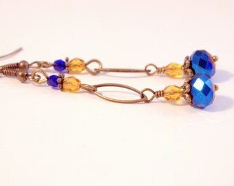 Blue Brass Earrings Czech Bead Dangle Pierced or Clip-on Earrings Victorian Style Earrings Simple Everyday Jewelry Boho Chic Earrings