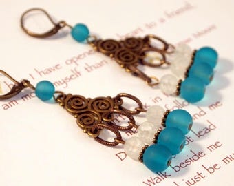 Sea Glass Chandelier Earrings Dangle Pierced or Clip-on Earrings Brass Hippy Jewelry Boho Chic Earrings Gypsy Earrings for Women
