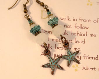 Patina Brass Starfish Earrings Beach Style Pierced or Clip-on Earrings Long Dangle Earrings Beach Patina Jewelry Gift for Her