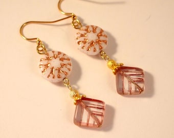 Czech Glass Earrings Lavender and Gold Dangle Pierced or Clip-on Earrings Boho Chic Earrings