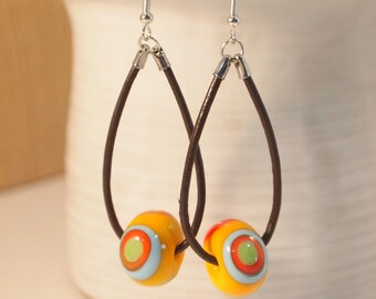 Boho Leather Dangle Earrings, Artisan Lampwork Bead