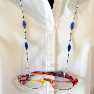 Blue Beaded Eyeglass Lanyard Chain Bead Face Mask Necklace Blue and Yellow Beaded Reading Glasses Lanyard Sun Glass Lanyard Peeper Keepers