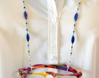 Blue Yellow Czech Glass Beaded Eyeglass Lanyard Chain (35" Long)