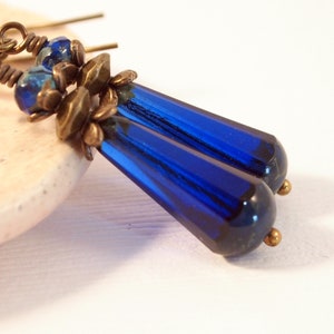 Boho Chic Czech Glass Earrings Cobalt Blue Drop Pierced or Clip-on Earrings Everyday Blue Earrings Czech Glass Jewelry