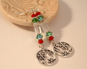 Beaded Snowflake Earrings: Silver Tone Charms, Festive Holiday Jewelry
