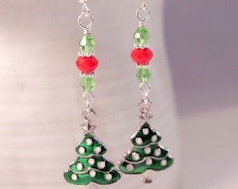 SALE Christmas Earrings Christmas Tree Dangle Pierced or Clip-on  Earrings Christmas Jewelry Drop Earrings Holiday Jewelry Party Earrings