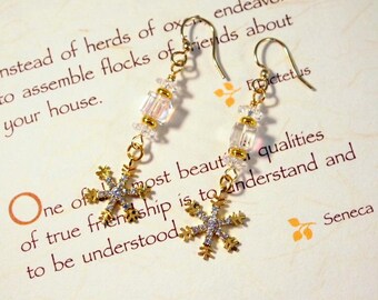 Elegant Snowflake Earrings with Swarovski Crystals, Gold Tone Holiday Dangle