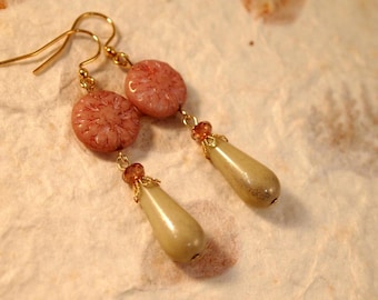 Boho Chic Czech Glass Earrings Pinkish Drop Pierced or Clip-on Earrings Bohemian Hippie Chic Jewelry