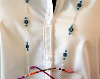Blue Flower Czech Glass Eyeglass Lanyard Chain, Face Mask Necklace Holder