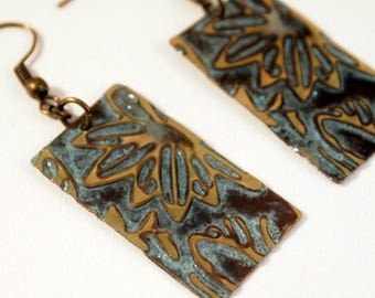 Hand Embossed Brass Earrings, Patina Dangle Earrings (2 1/8" Long)