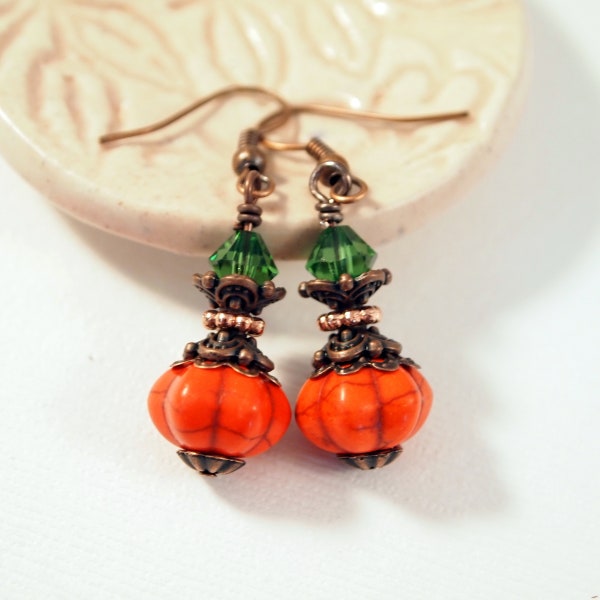 Copper Pumpkin Earrings Autumn Earrings Fall Earrings Thanksgiving Dangle Pierced or Clip-on Earrings  Handmade Earrings