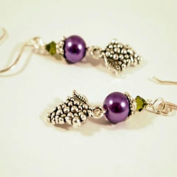 Wine Lovers Earrings Pearls Swarovski Crystals Silver Grapes Dangle Pierced Earrings. OOAK Handmade Earrings. CKDesigns.US