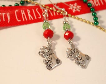 SALE Stocking Earrings Christmas Dangle Pierced or Clip-on Earrings Silver Earrings Holiday Party Festive Earrings