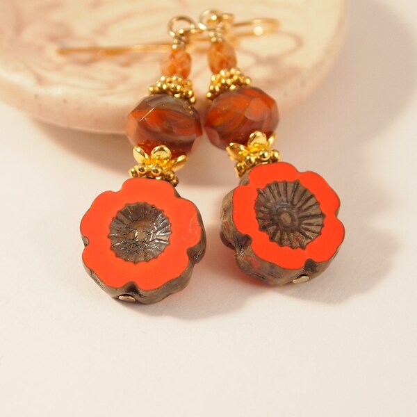 Boho Chic Czech Glass Earrings Victorian Style Dangle Pierced or Clip-on Earrings Orange Earrings Czech Glass Jewelry