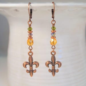 Mardi Gras Earrings Boho Chic Czech Earrings Dangle Pierced or Clip-on Earrings Romantic Earrings Copper Green Purple Victoria Earrings