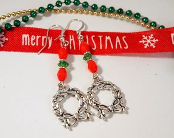 SALE Christmas Wreath Earrings Dangle Pierced or Clip-on Earrings Silver Earrings Holiday Party Festive Earrings