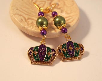 Mardi Gras Earrings Fat Tuesday Boho Chic Earrings Dangle Pierced or Clip-on Earrings Romantic Earrings Gold Green Purple Victoria Earrings