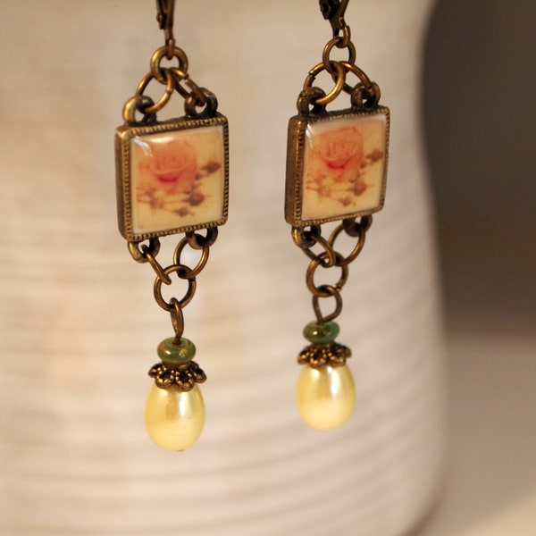 Victorian Style Dangle Pierced or Clip-on Earrings Boho Chic Czech Glass Earrings Pearl Earrings Floral Jewelry Floral Earrings