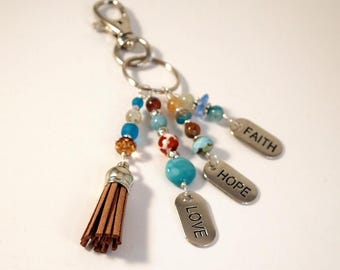 Inspirationally Beaded Tassel Purse Charm Bohemian Key-chain Hope Love Faith Key Fob Hipster Key-chain Gift for Her Handmade Key-chain