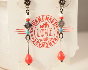 Boho Howlite Turquoise Earrings Long Dangle Pierced or Clip-on Earrings Southwestern Style Jewelry Bohemian Statement Earrings
