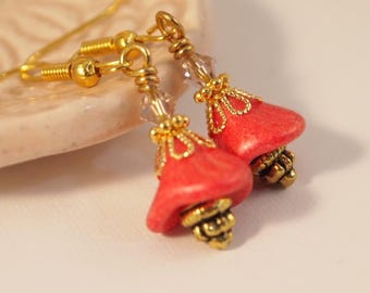 Boho Chic Peach Czech Glass Earrings, Victorian Dangle