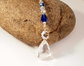 Vintage Chandelier Crystal Rear-View Mirror Charm, Blue Sun-catcher Dangle